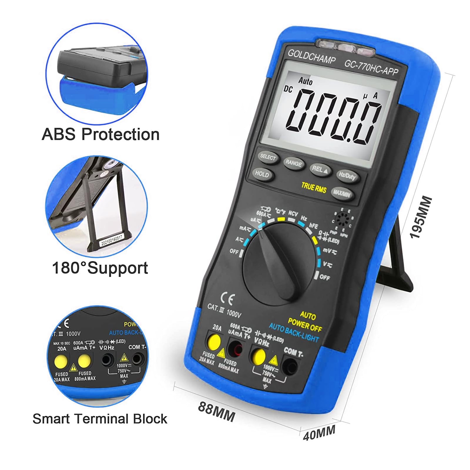 Multímetro digital TRMS AC/DC 1000 V 20 A Bluetooth, voltímetro 770HC para