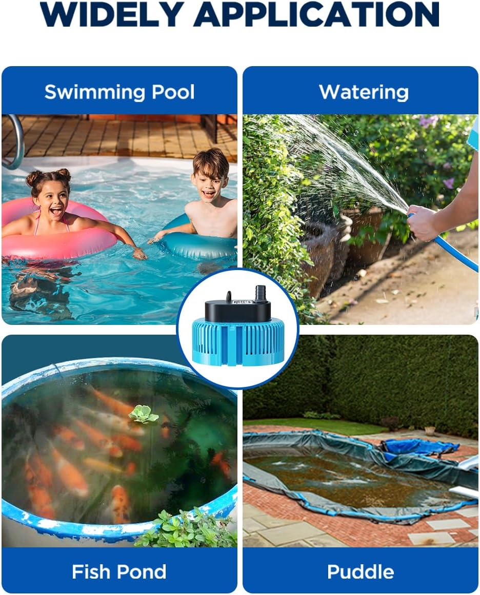 Pool Cover Pump 850GPH Pond Pump, Low Investment & Same Performance, Sump Pump Submersible Water Pump for Pool Draining, Above Ground Pool Pump for Pool Cover, Pond, 3 Adapters Without Hose