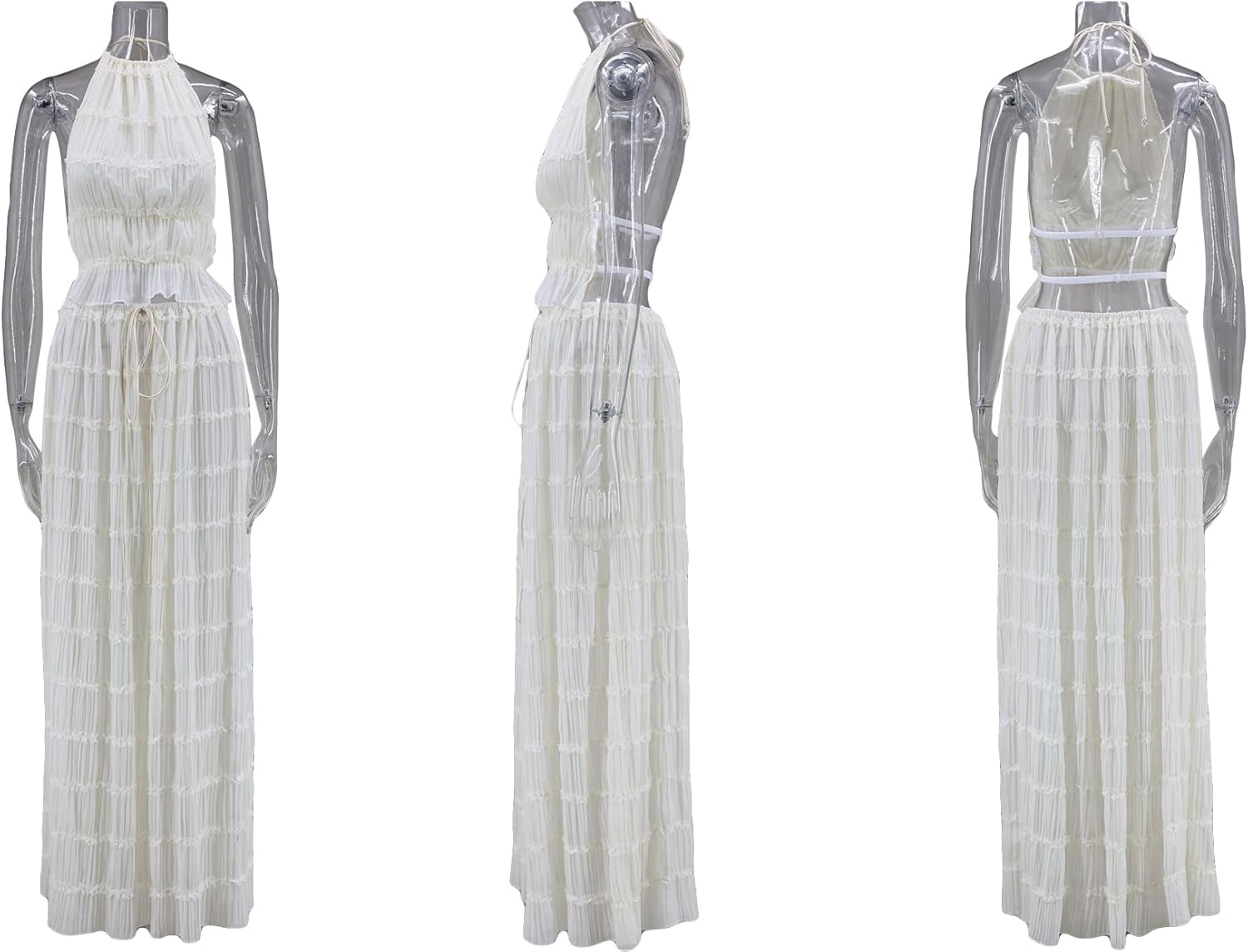 LETSVDO Skirt Sets Women 2 Piece Outfits Backless Halter Top And Pleated Ruffle Flowy Maxi Skirts Y2k Beach Vacation Set - Image 8