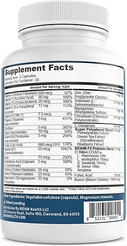 Miniatura 2 de BIOHM Multivitamínico para mujeres y hombres, microbioma multi con probióticos (60 cápsulas, 30 porciones) 21 vitaminas y minerales, té verde,