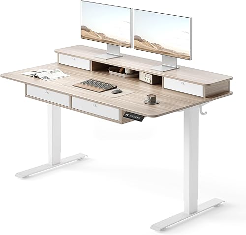 FEZIBO Escritorio eléctrico de pie resistente y ajustable en altura con cajones, mesa de pie de 55 x 24 pulgadas con estante de almacenamiento