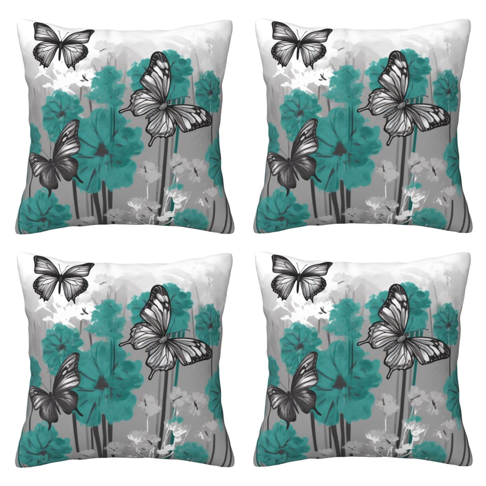 Gray Teal Flower Butterfly Throw Pillow Cases 4 Pack Square Pillowcases Super Soft Pillow Protectors With Zipper for Couch Livingroom Sofa Bed Office Car,50x50 CM