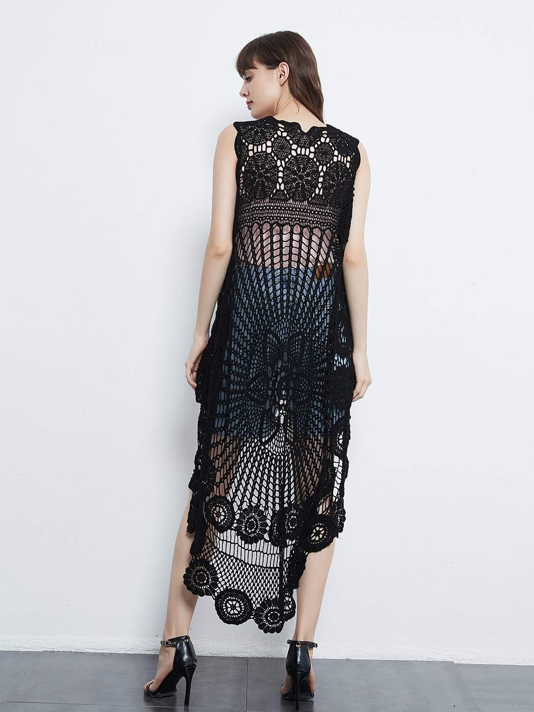 Anna-Kaci Womens Hippie Bohemian Floral Crochet Lace Trim Sleeveless Vest Cardigan