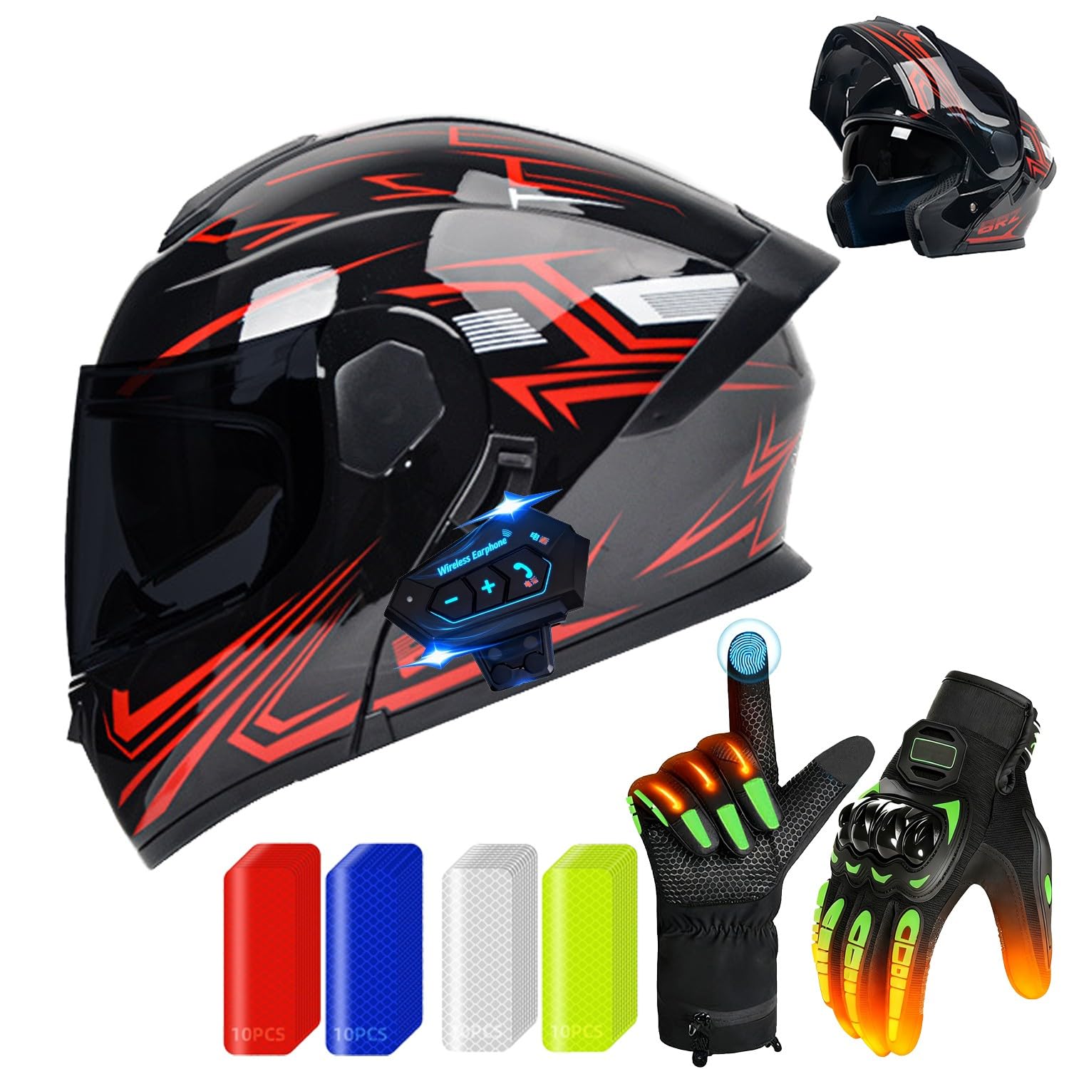 Casco Abatible con Doble Visera, Casco Moto Modular con Bluetooth, Guantes Térmicos Touchscreen, 40 Piezas Cintas Reflectantes, ECE Homologado Doble Visera, Mujer Hombre Adultos I,Large
