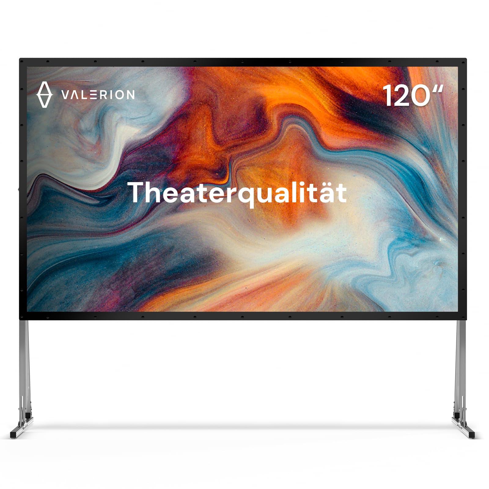 Valerion 120 Zoll Tragbare 4K/8K Outdoor-Leinwand mit Ständer, 3-lagiges mattweißes PVC, 16:9 Format, 1.3 Gain, faltbar, Anti-Falten, windstabil, inkl. Tragetasche