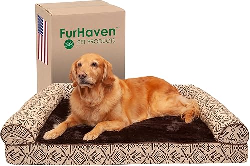 Furhaven - Cama de gel refrescante para perros, de felpa y decoración kilim del suroeste estilo sofá con funda extraíble y lavable, color marrón