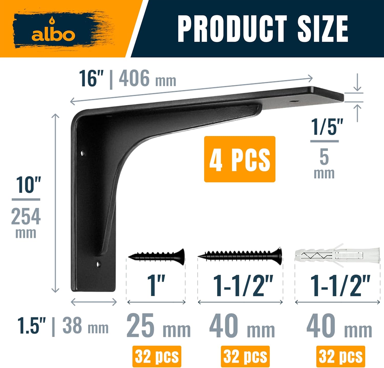 ALBO 16" Heavy Duty Countertop Support Brackets 4PCS, 400 lb 5 mm Steel – Hidden Floating Shelf Corbel | Matte Black Powder-Coated L Brackets Incl Screws & Anchors for Quartz Granite Wood Concrete