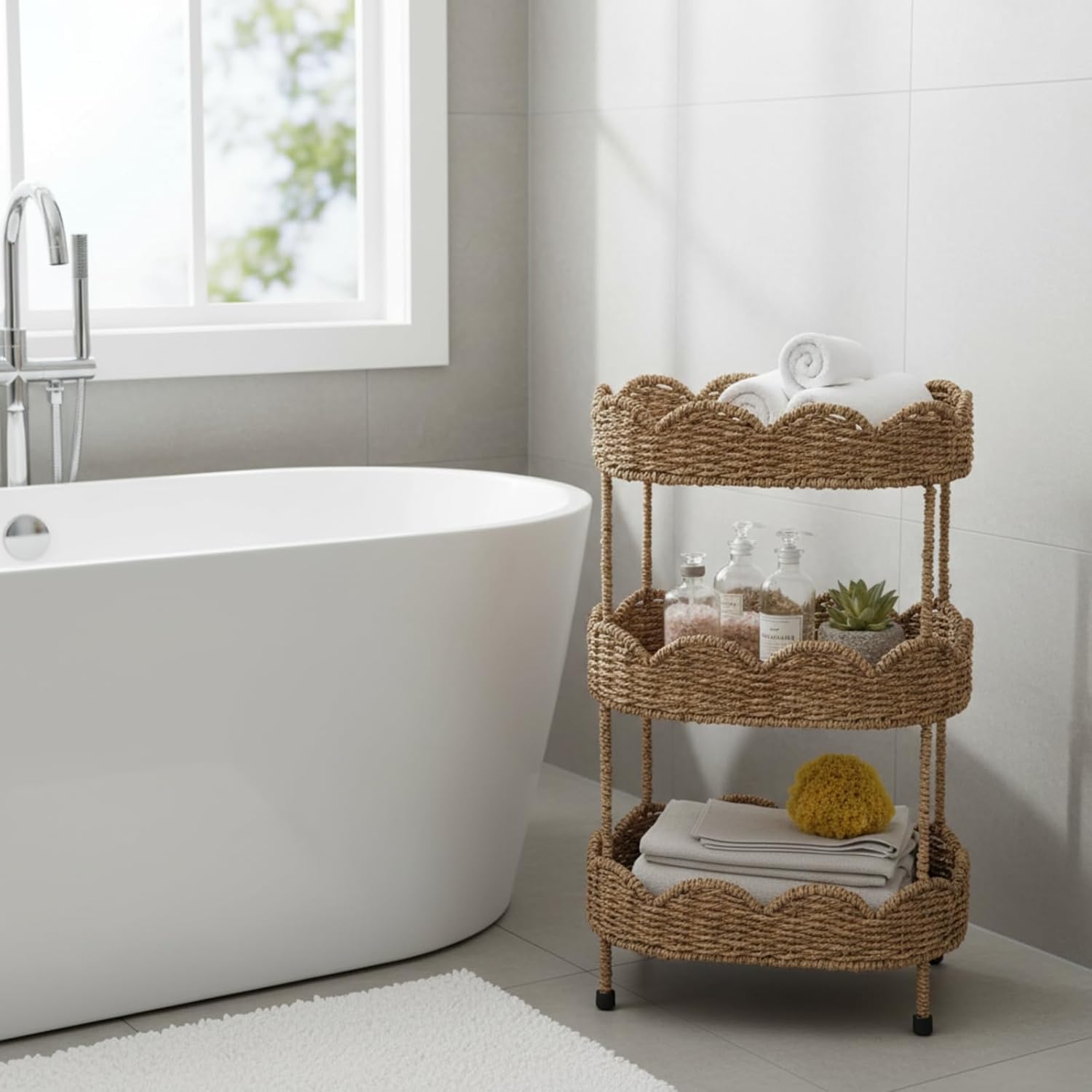 3 Tier Floor Stand Scalloped Basket Stand 3 Tier Oval Seagrass Scalloped Storage Basket Floor Rack with Market Baskets Hand Woven Laundry Rack for Bathroom Kitchen Laundry Living Room Storage