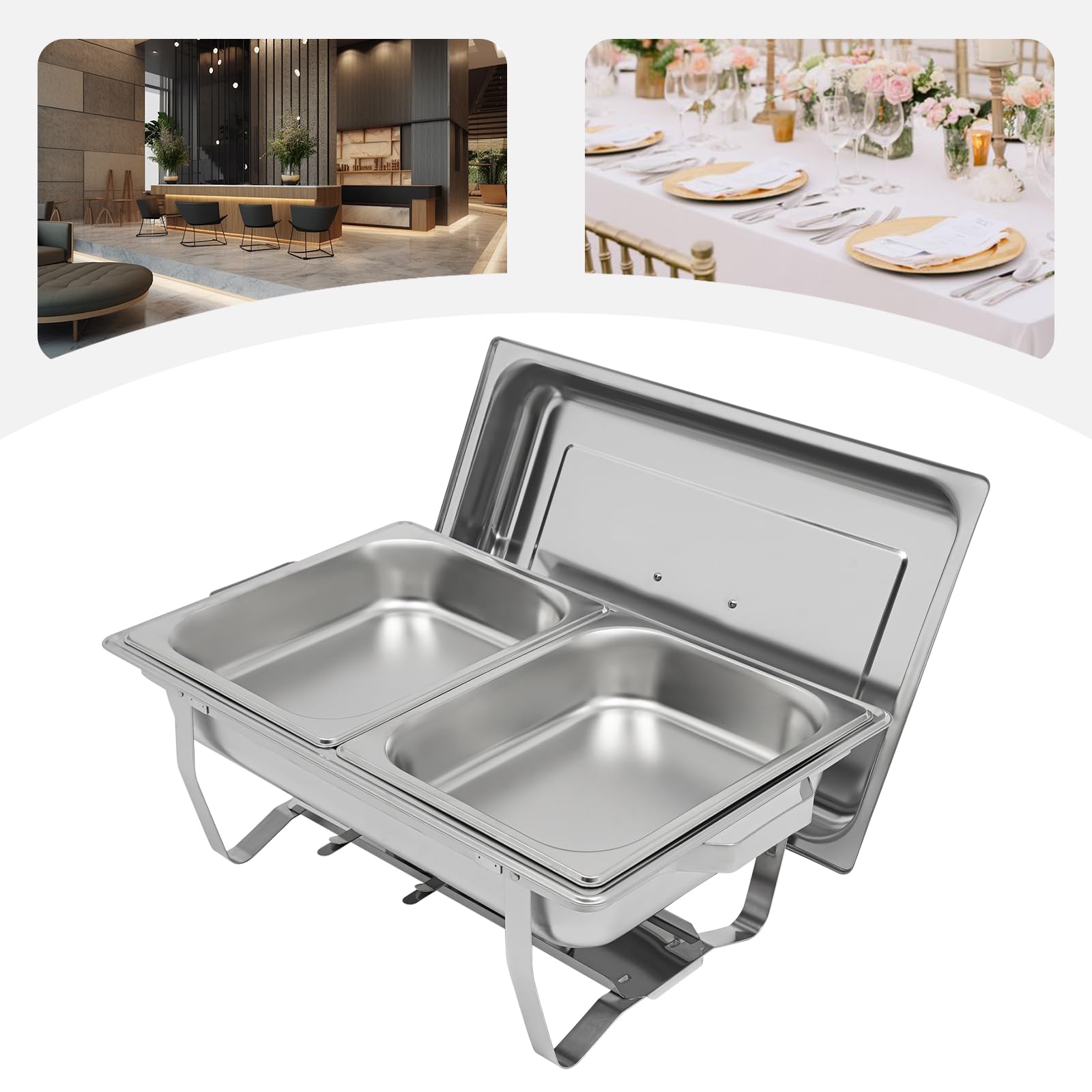 Chafing Dish Set scalda buffet, 6 l, in acciaio inox, con 2 contenitori, scalda buffet rettangolari per catering, feste, matrimoni, ristorante, struttura e supporto per combustibile inclusi