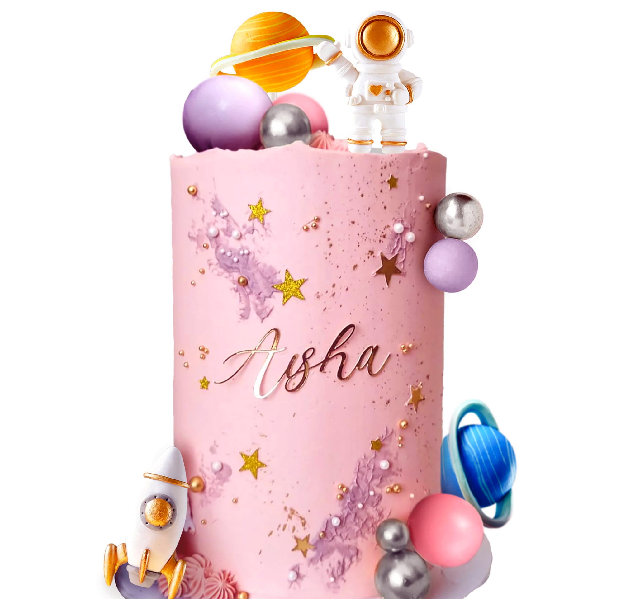 LaVenty Pink Space Cake Toppers Outer Space Astronaut Rocket Stars Cake Decorations for Birthday Party Supplies Baby Shower