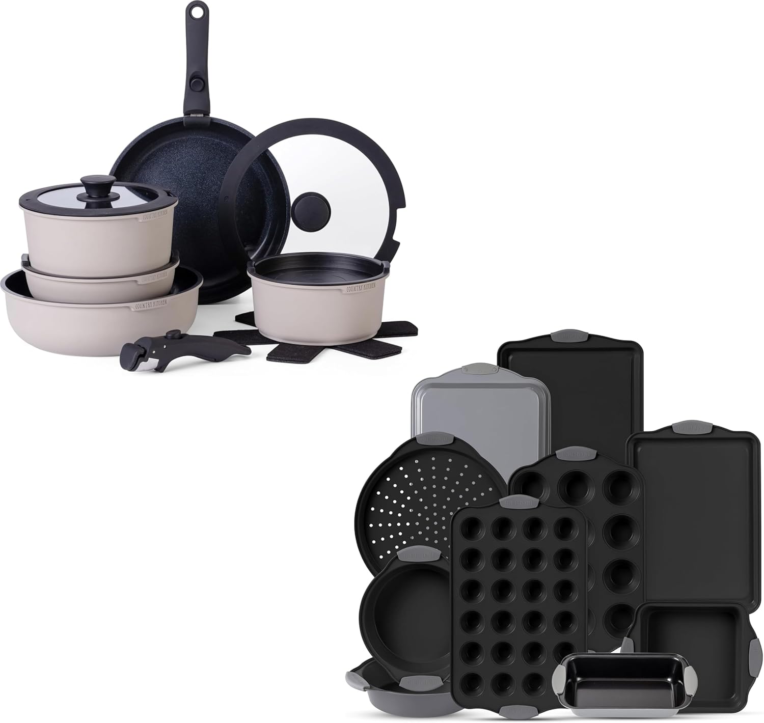 Country Kitchen Pots & Baking Pans Bundle - Removable Handle Pot Set with Glass Lids and Various Bakeware Pans Including Muffin Pans, Cookie Sheets, Crisper and Loaf Pans