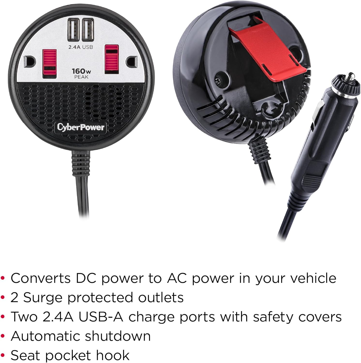 CyberPower CPS160PPB2U‑FC 160W Power Inverter, 12V DC to 120V AC Car Converter with 2 AC Outlets & Dual USB Ports (2.4A Shared), 100W Continuous Output, Compact Vehicle Power Adapter, 2‑Year Warranty