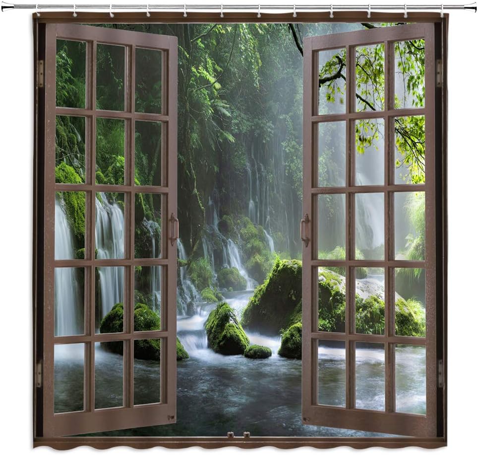 Forest Waterfall Shower Curtain Nature Landscape Green Tree Stream Mossy Rocks Tropical Rainforest Jungle Scenery Fabric Bathroom Decor Set with Hooks(78" Wx70 H)