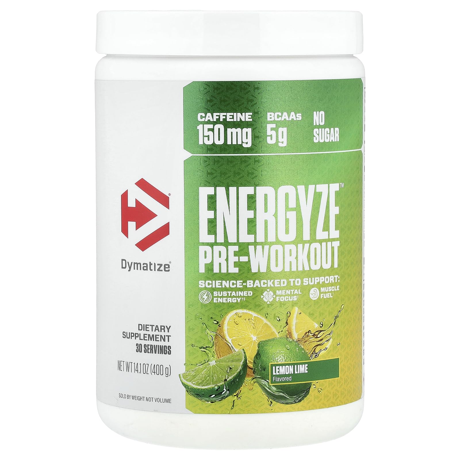 Dymatize Energyze Pre Workout Powder for Men and Women, Lemon Lime Flavor, 150mg Caffeine, 5g BCAAs, Performance Blend of L-Theanine, L-Tyrosine, L-Citrulline, No Sugar, 30 Servings