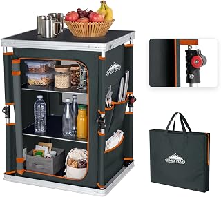 EAGLE PEAK Outdoor Folding Camping Table with Large 3-Tier Storage Organizer and Side Pockets, Easy Set Up Portable Aluminum Camping Kitchen, Gray