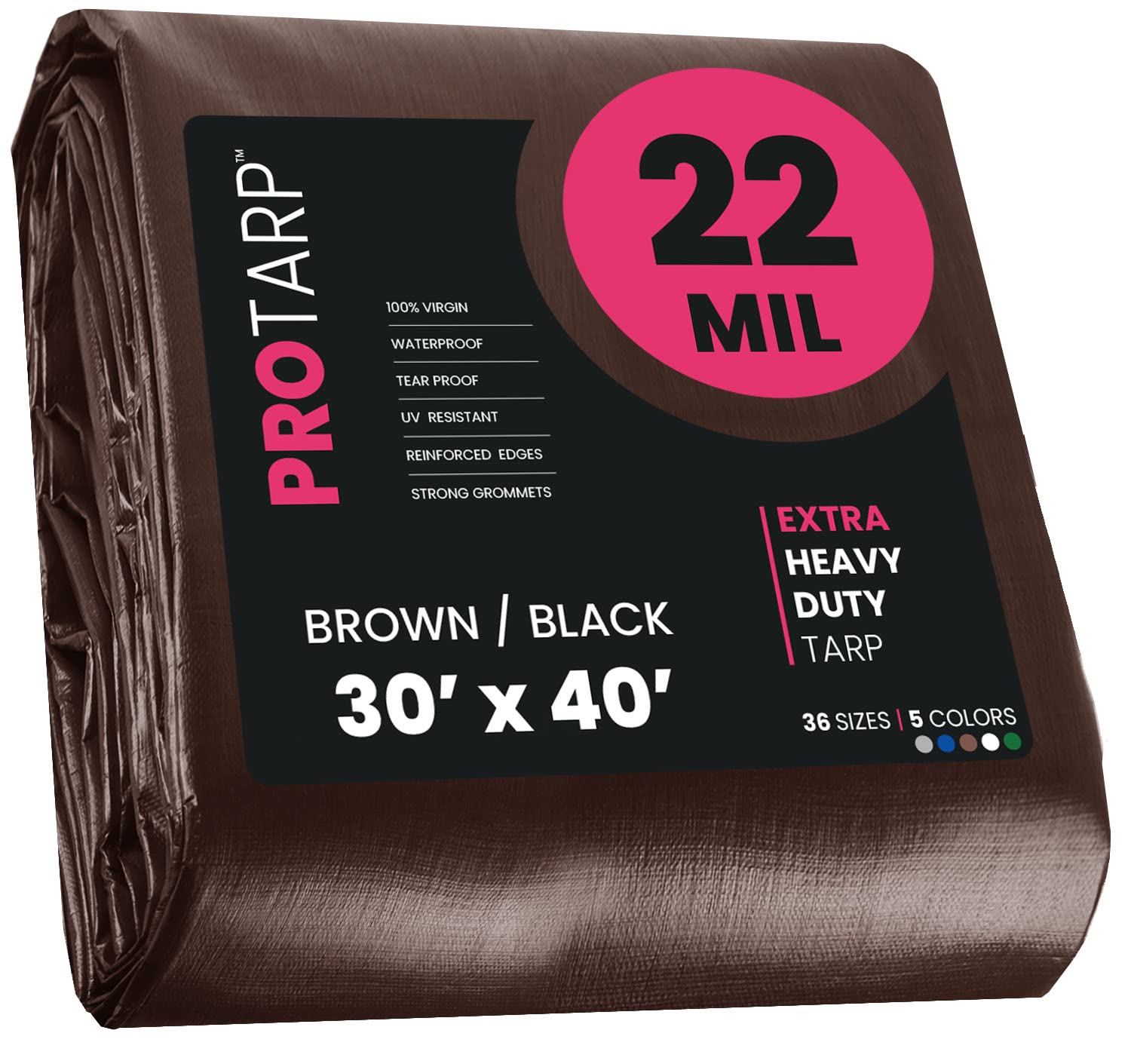 Extreme Heavy Duty 22 Mil Tarp Cover, Waterproof, UV Resistant, Rip and Tear Proof, Poly Tarpaulin with Reinforced Edges for Roof, Camping, Patio, Pool, Boat. (Brown/Black 30′ X 40′)