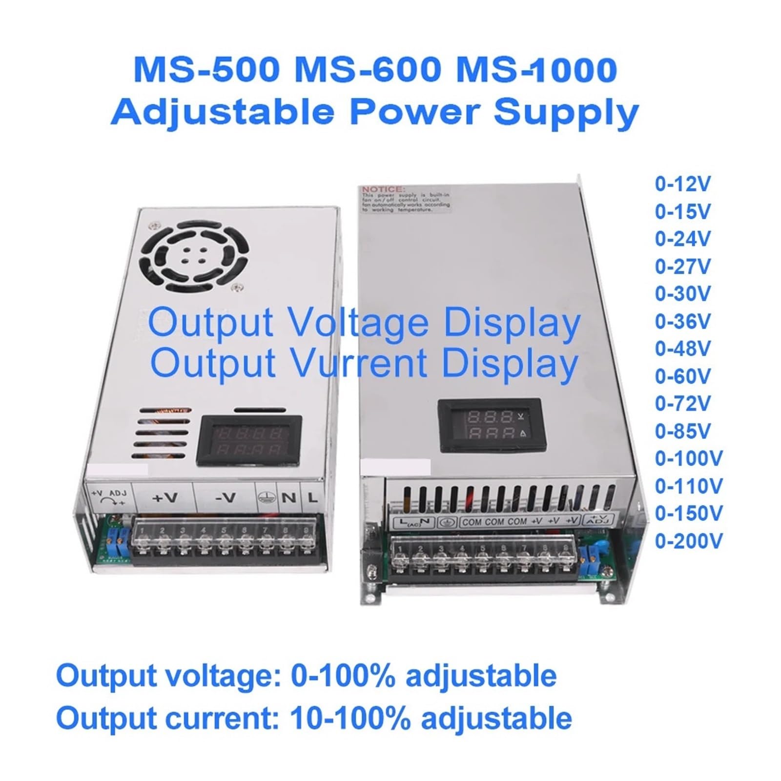 500W 600W 1000W Schaltnetzteil 0-12V 15V 24V 36V 48V 60V 85V 200V LED Digital Display Netzteil Transformator Treiber Adapter Vielseitig und effizient(0-60VDC,1000W)