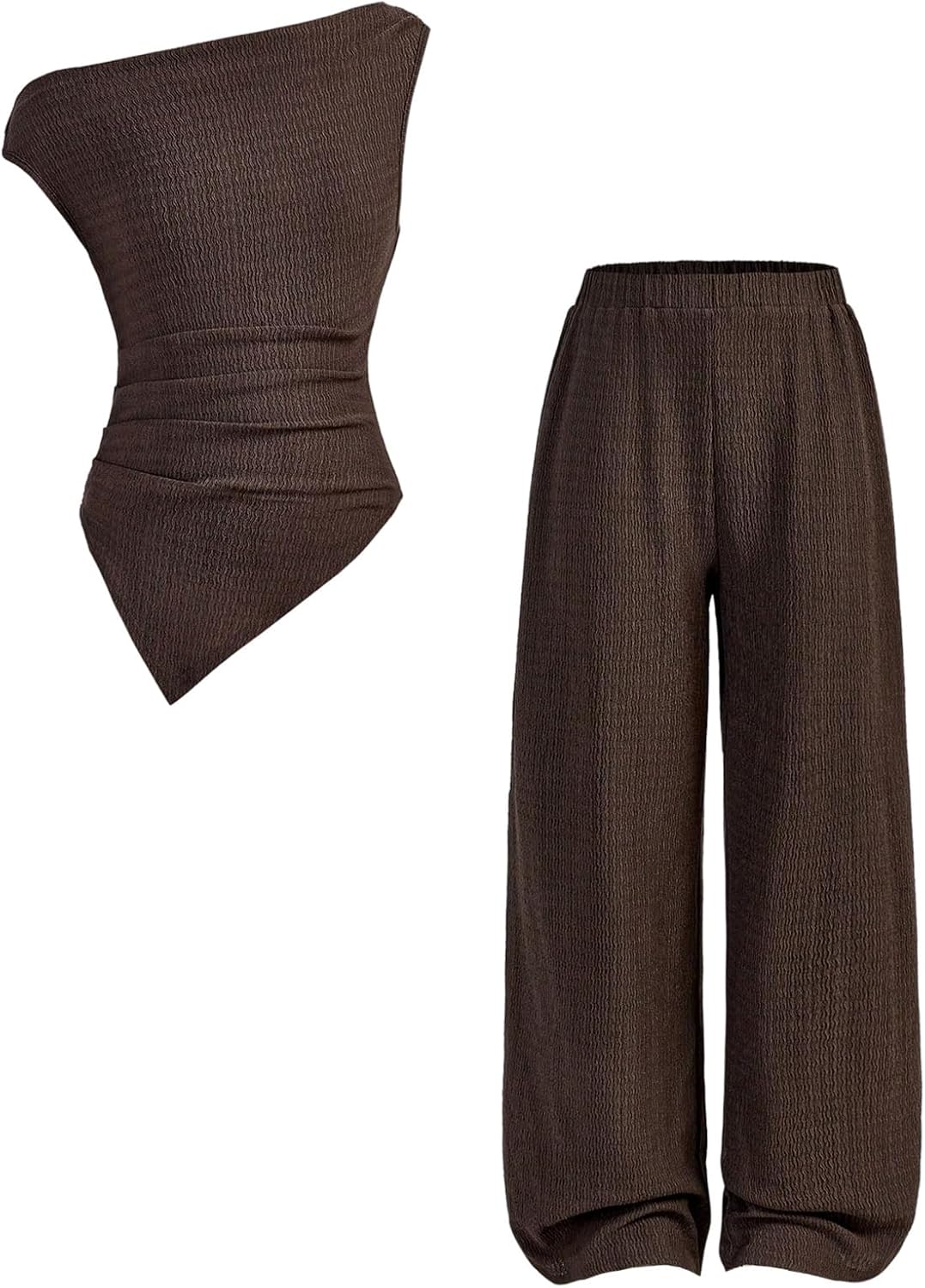 Verdusa Girl's 2 Piece Sets Textured Asymmetrical Off The Shoulder Tops with Pants Elegant Outfits