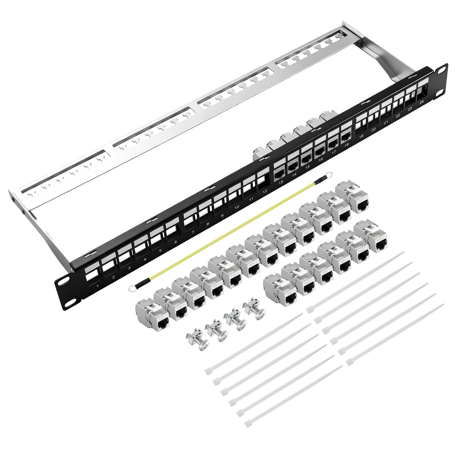 24 Porte CAT7 Pannello Patch, Supporta Larghezza Banda 10 Gbps/600 MHz, 19" Pannello Patch Keystone Schermato con Protezione EMI/RFI per Abitazioni Database Uffici e Data Center