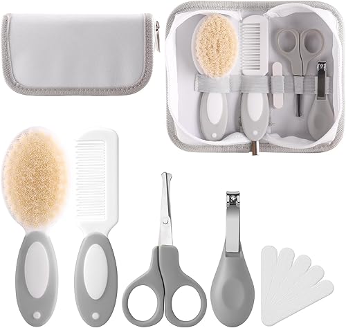 Kit de aseo para bebés con bolsa de almacenamiento, cepillo para bebé, cerdas suaves, 5 piezas, cepillo para bebés, peine redondeado, tijeras de