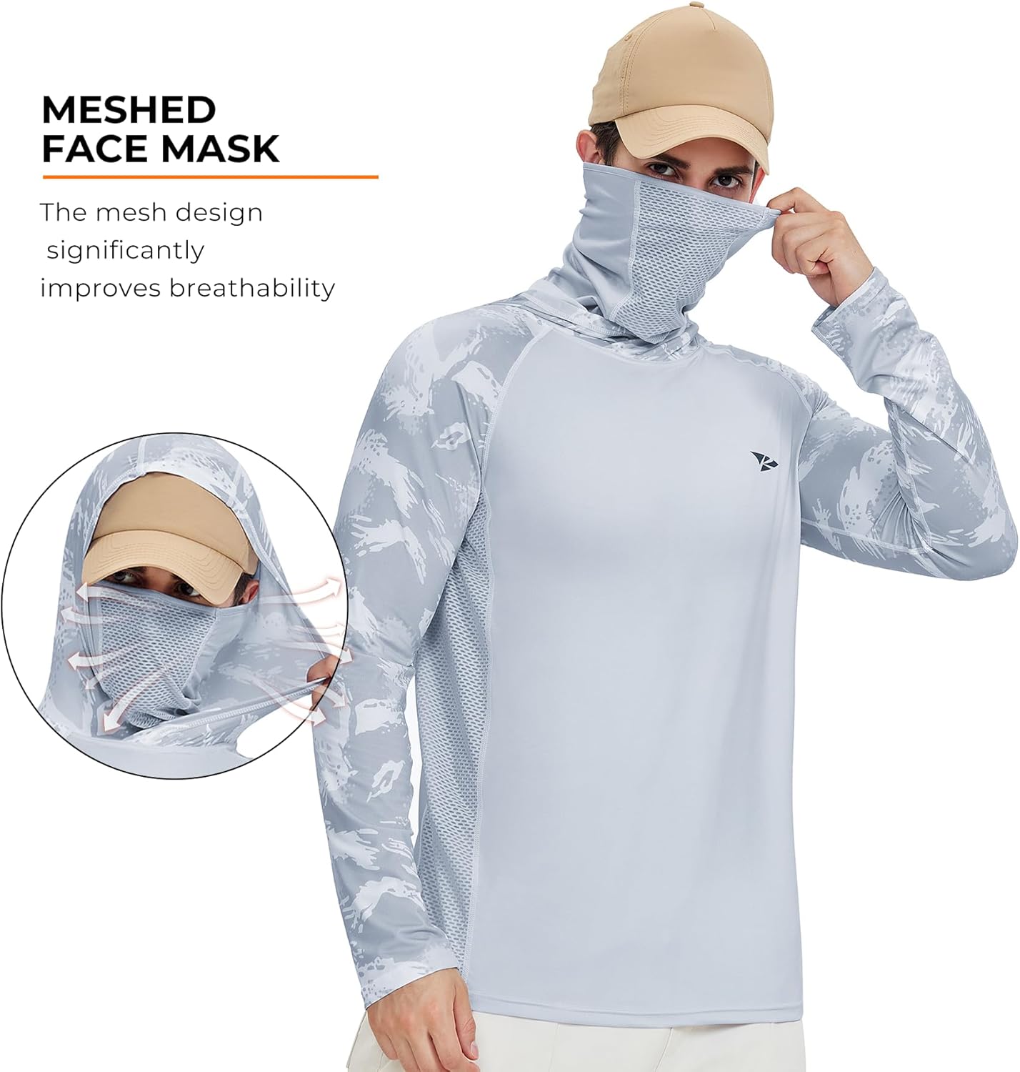 Rodeel UPF 50+ Men’s Long Sleeve Performance Fishing Hiking Shirt with Mask UV Neck Gaiter Hoodie