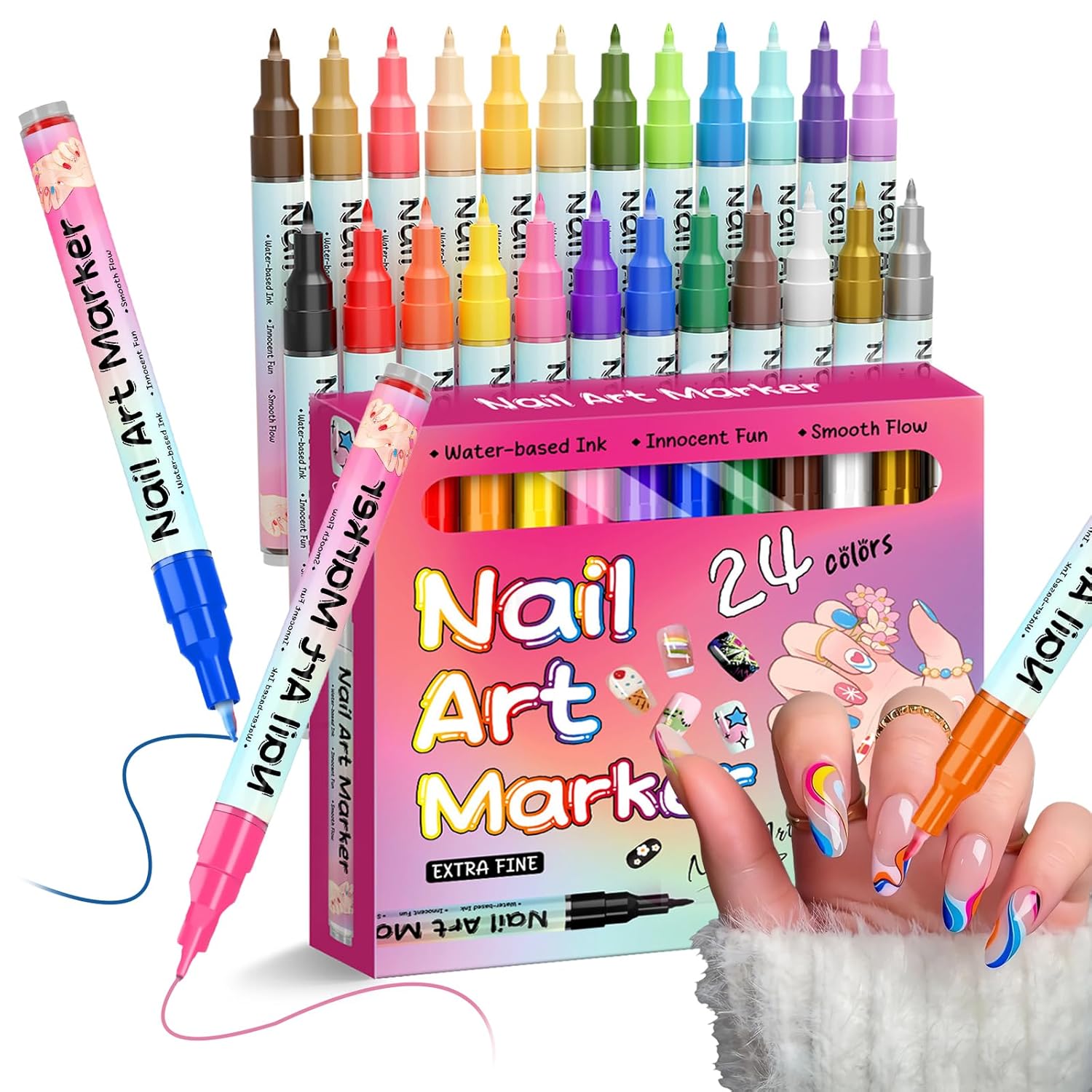 Waterproof Nail Art Pen, 12 Colors Nail Art Pens Set, 2026 New 𝐍ail 𝐀rt Marker 𝐏ens, 0.5mm Precision Tip, Quick-Drying, Portable DIY Manicure Tools for Home Salon, Beginner-Friendly (24Colors)