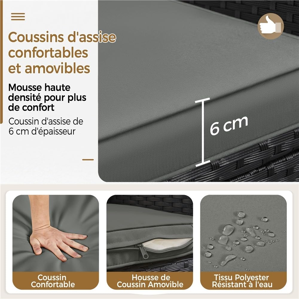 Yaheetech Salon de Jardin Exterieur Ensemble Mobilier de Jardin 2 Personnes Fauteuils et Table Basse Plateau Verre 2 Coussins Tressée pour Balcon Noir/Girs