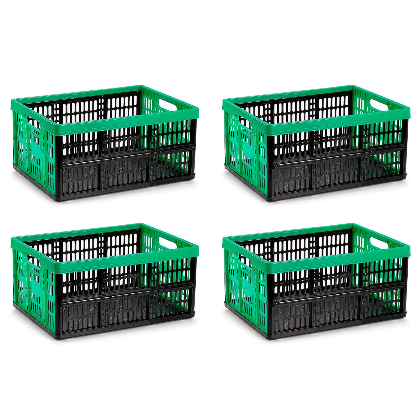 AC - Pack de 4 Cajas Plegables de Plástico 32 Litros - Contenedor Resistente con Asas, Capacidad 18 kg, 48 x 35 x 23 cm, Ideal para Almacenaje y Transporte - Color Verde