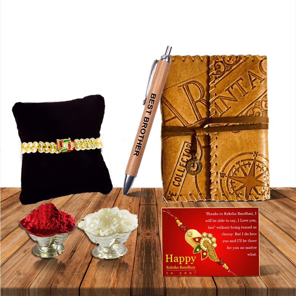 DI-KRAFT Handmade Leather Writing Diaries Keylock Journal Notepad with Customized Name Rakhi Pen Greeting Card Roli Chawal Combo Pack for Rakshabandhan Gift (Yellow)