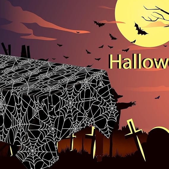 Emopeak Halloween Black Spider Tablecloth 54 x 108, Spider Web Rectangular Decorations Table Cover Spillproof Washable Table Topper Perfect for Halloween Decoration, Dinner Parties