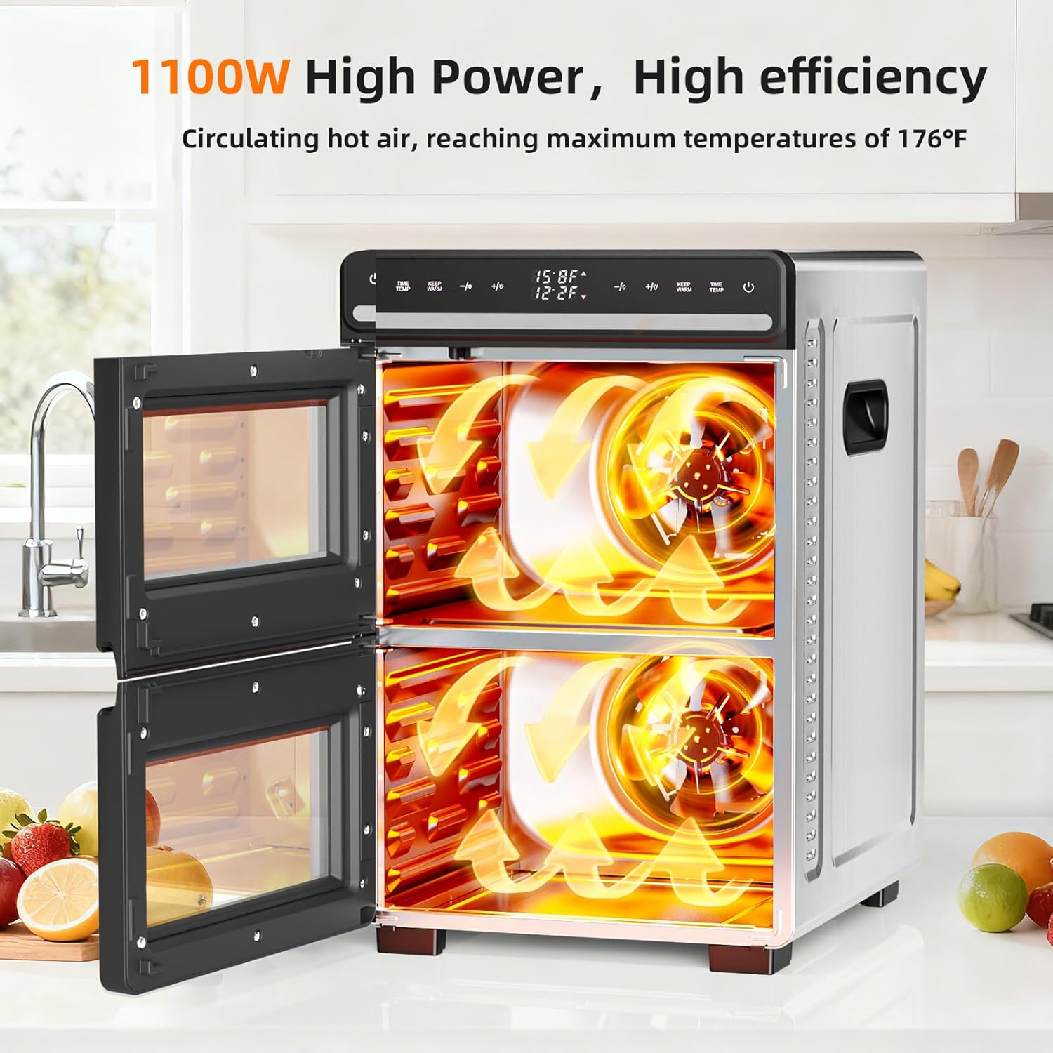 Kndko Food Dehydrator 1100W Machine With Digital Adjustable Temperature and 72H Timer,2 separate chambers,12 Stainless Steel Trays for Fruits Vegetables and Meat