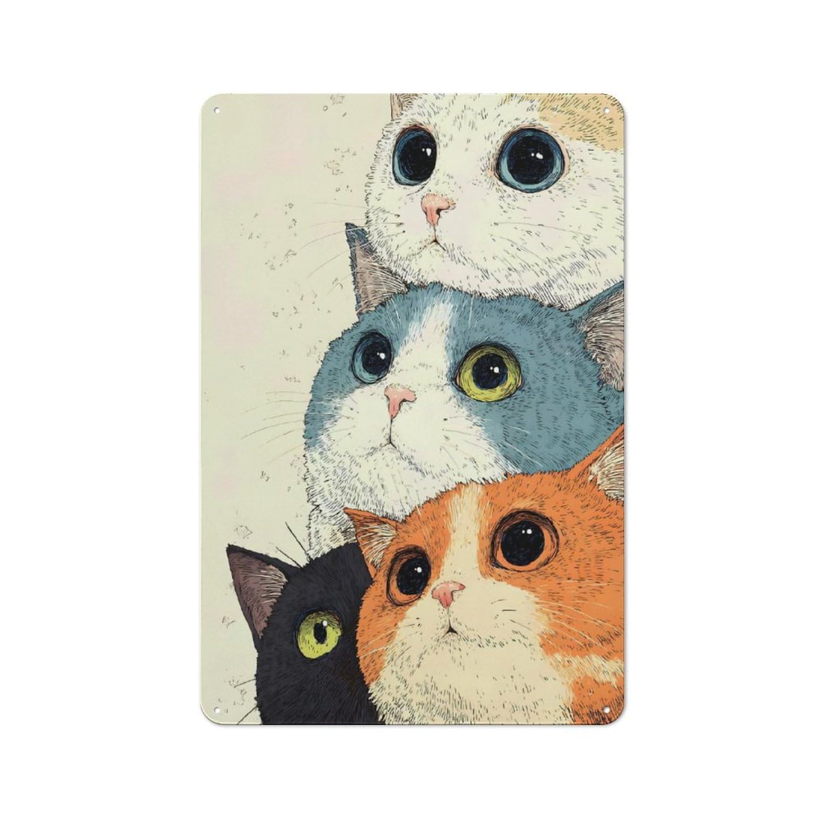 Junmoney Stack Of Four Cute Cats Illustration Vintage Tin Sign 30X20cm With For Workshop Wall, For Makers And Diy Enthusiasts, For Retro Home Interiors