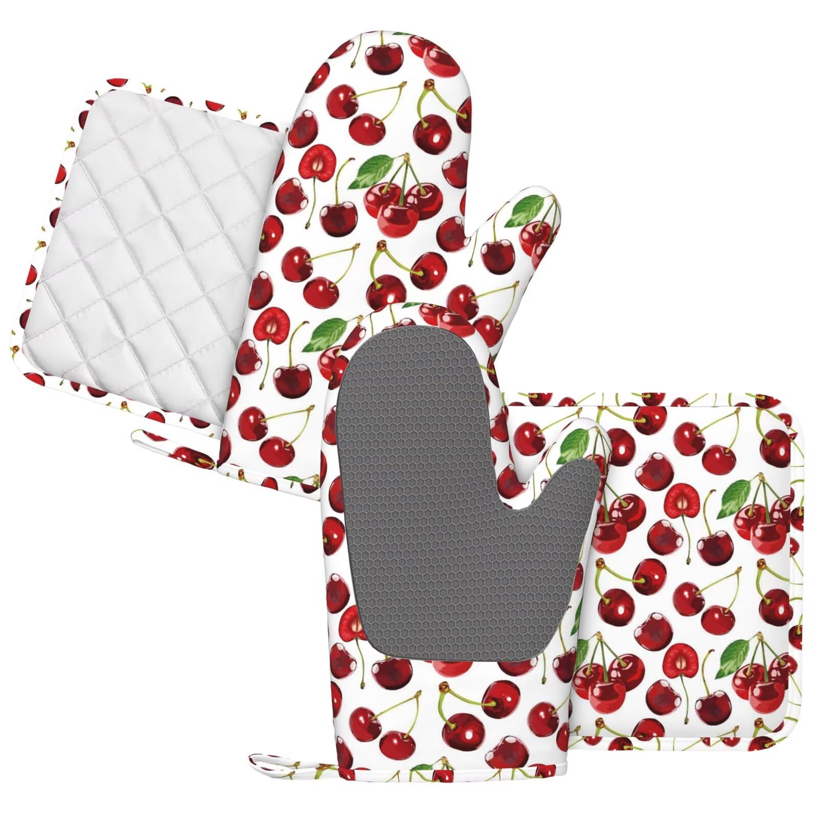 Juego de 4 manoplas de horno y soportes para ollas de silicona con patrón de frutas de cereza, guantes de cocina, soportes para ollas, antideslizantes, resistentes al calor, juego de guantes
