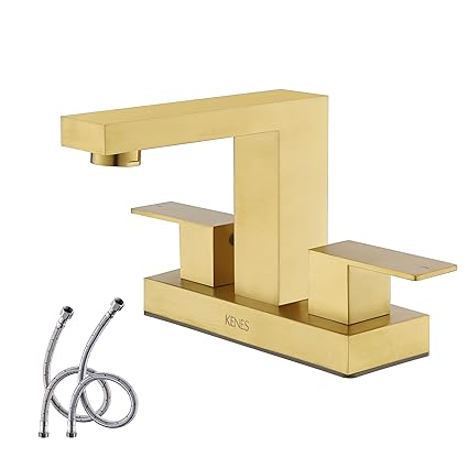 KENES Brushed Gold 4 Inch Centerset Bathroom Faucet Gold Two-Handle Bathroom Sink Faucet Modern Vanity Faucet 3 Holes Bathroom Lavatory Faucet with Lead-Free Supply Hose, KE-9051-4