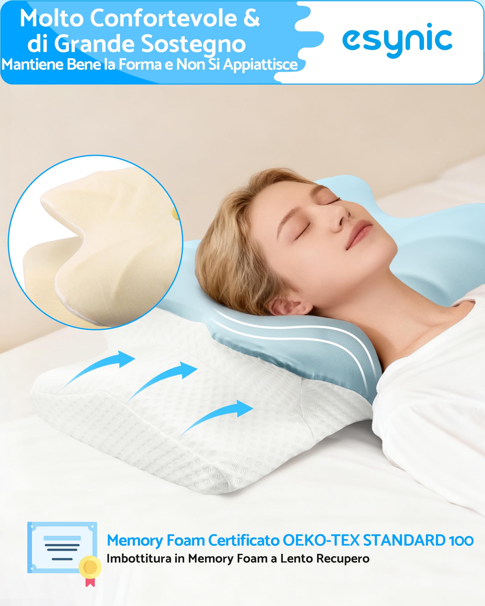 eSynic Cuscino Cervicale in Memory Foam Ergonomico con Doppia Altezza 11/13cm, Cuscino Ortopedico per Chi Dorme sul Fianco o Supino, Federa Ice Silk Traspirante Lavabile, 60x39cm - Azzurro