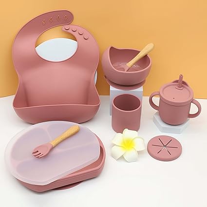 Baby Feeding Set - Weaning Food Utensils for Kids with Suction Plates for Baby, Baby Bowl and Spoon Set, Bib, Snack/Sipper Cup, Baby Feeding All-in-One Combo - BPA Free Silicone - Dark Pink