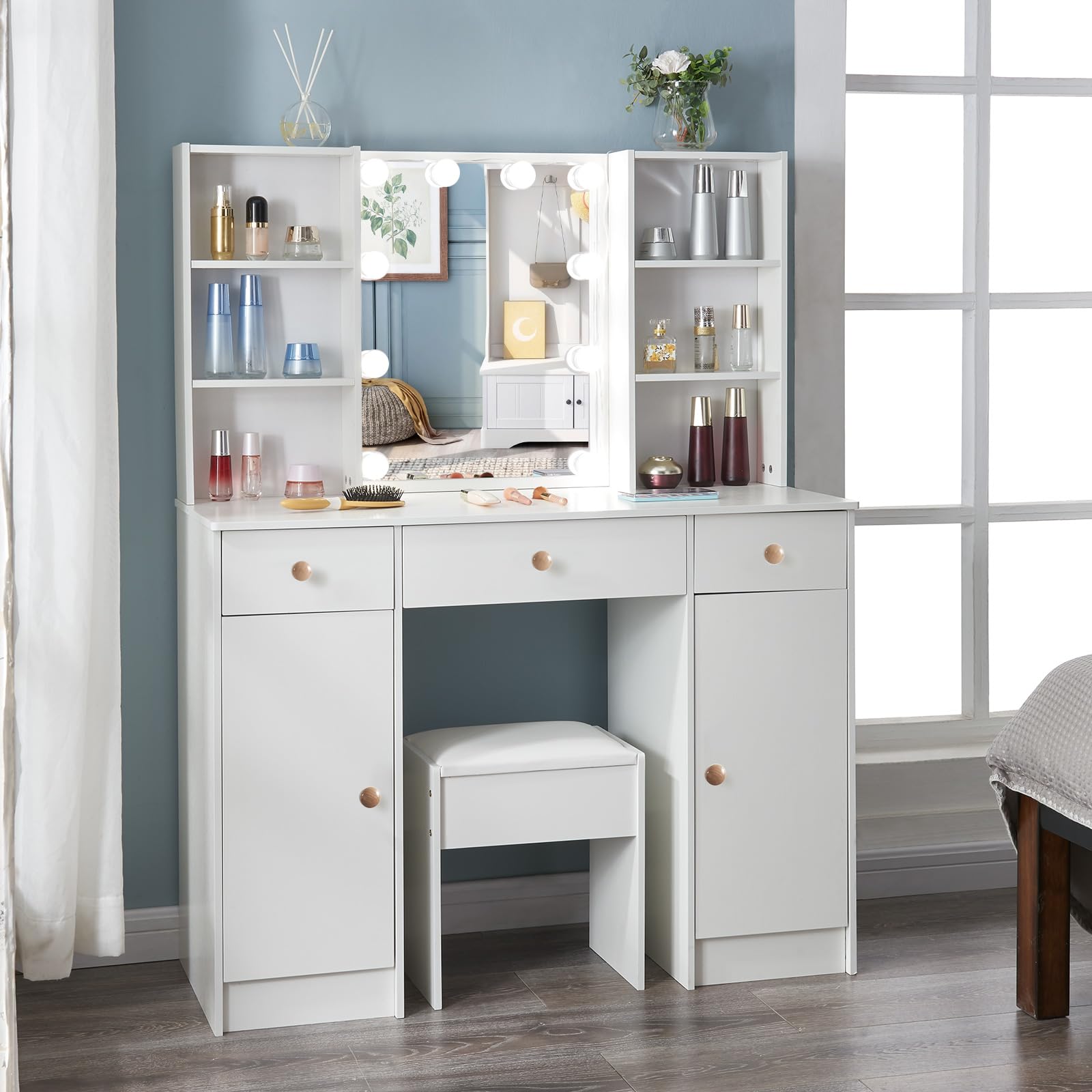 Makeup Vanity with Lights and Mirror 42" W, Vanity Mirror with Lights and Table Set with 2 Large Drawers and 3 Drawers, Vanity Set 3 Lighting Modes Brightness Adjustable Dressing Table White