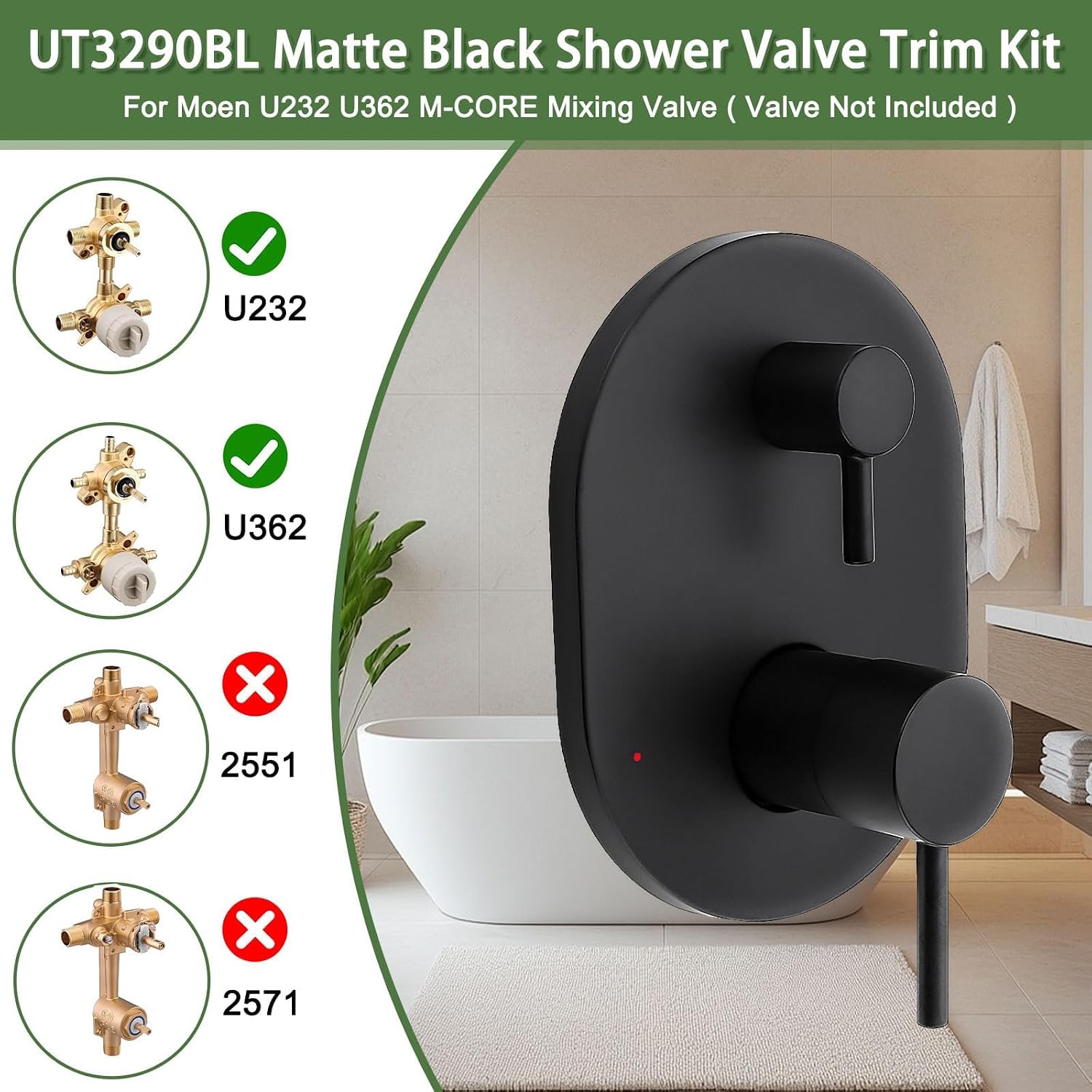 UT3290BL Shower Valve Trim Kit for Moen Align M-CORE 3-Series 2-Handle Shower Faucet Trim, Shower Handle Trim Includes 1213 Cartridge, Matte Black (Valve Required)