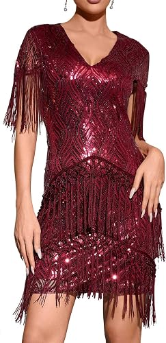 Midi Cap Sleeve Flapper Dress with Sequin Vintage Fringe Dress Roaring 20s Sequi