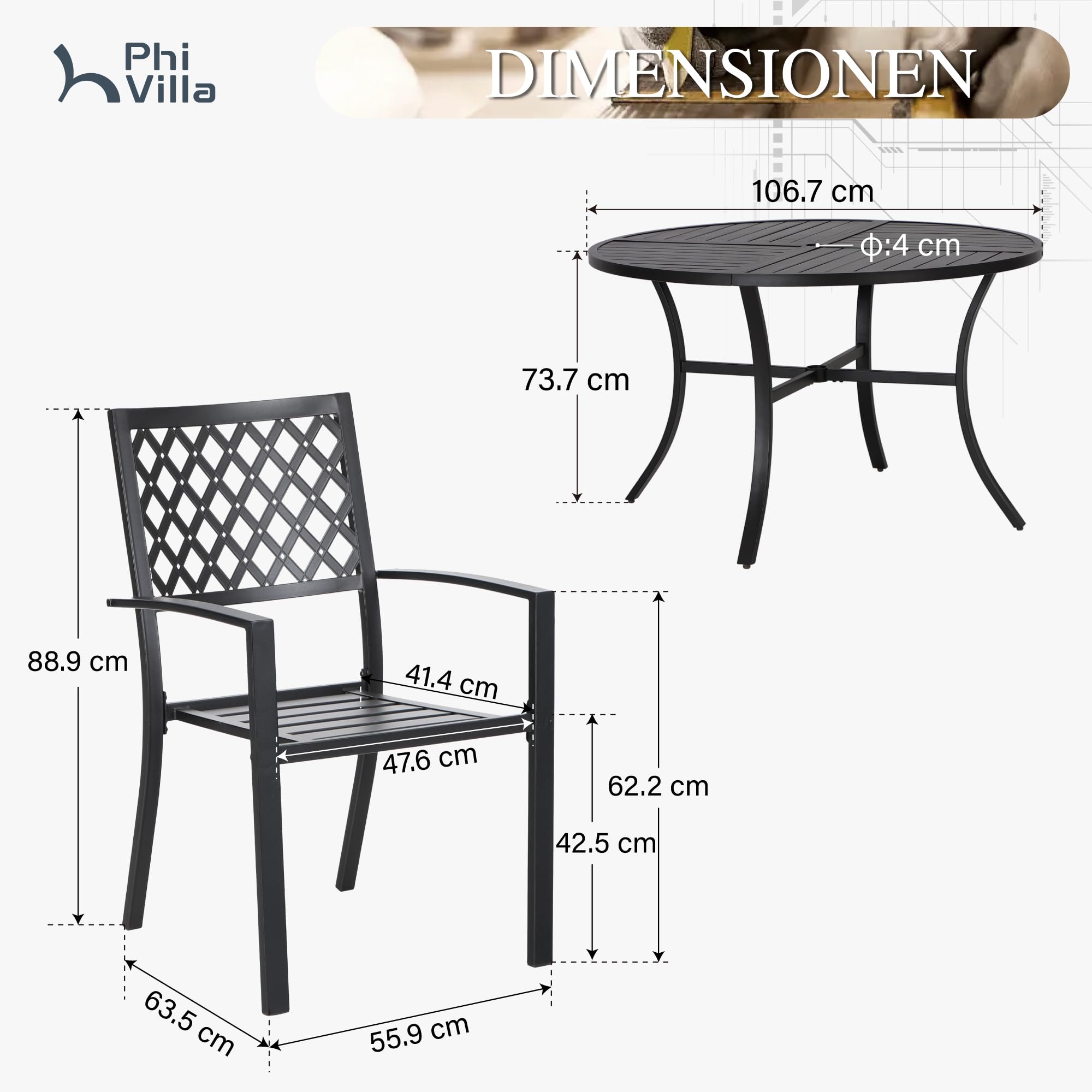 PHI Villa Salon de Jardin 5 pièces pour 4 Personnes, Ensemble de mobilier d'extérieur avec Table Ronde et chaises métal empilables, revêtement E pour Balcon, terrasse et Cour