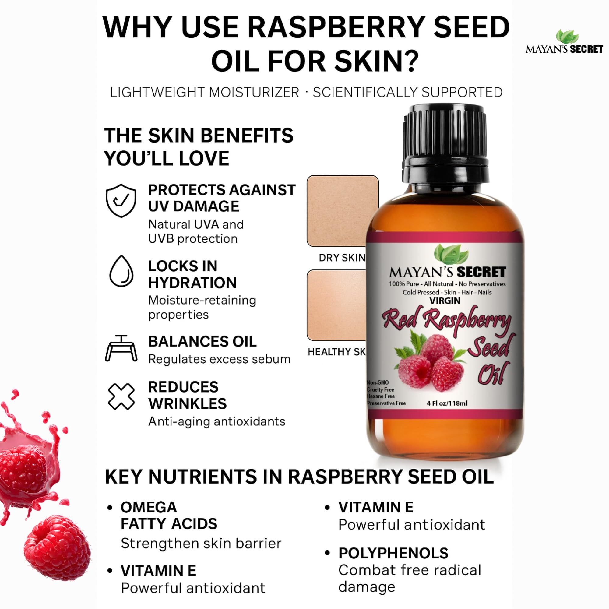 Mayan's Secret Oli vettori e essenziali puri per la cura di pelle, capelli e corpo, idratante viso e anti-invecchiamento (semi di lampone rosso, 113 ml)