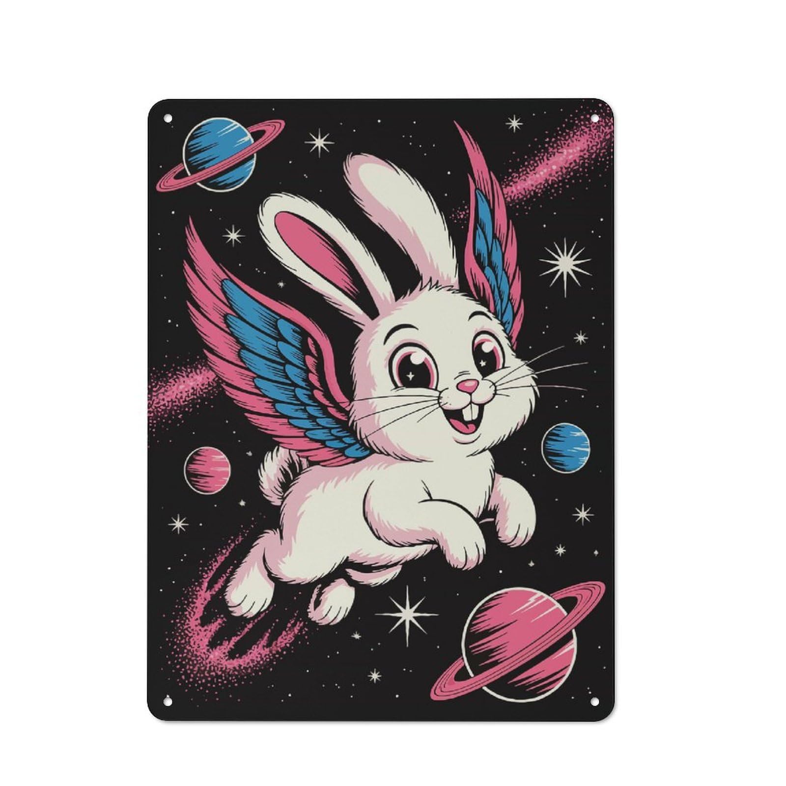Junmoney Winged Rabbit In Space Cartoon Metal Wall Sign 40X30cm, Retro Decor For Home Bar Wall, For Metal Sign Collectors, For Garage And Workshop Walls