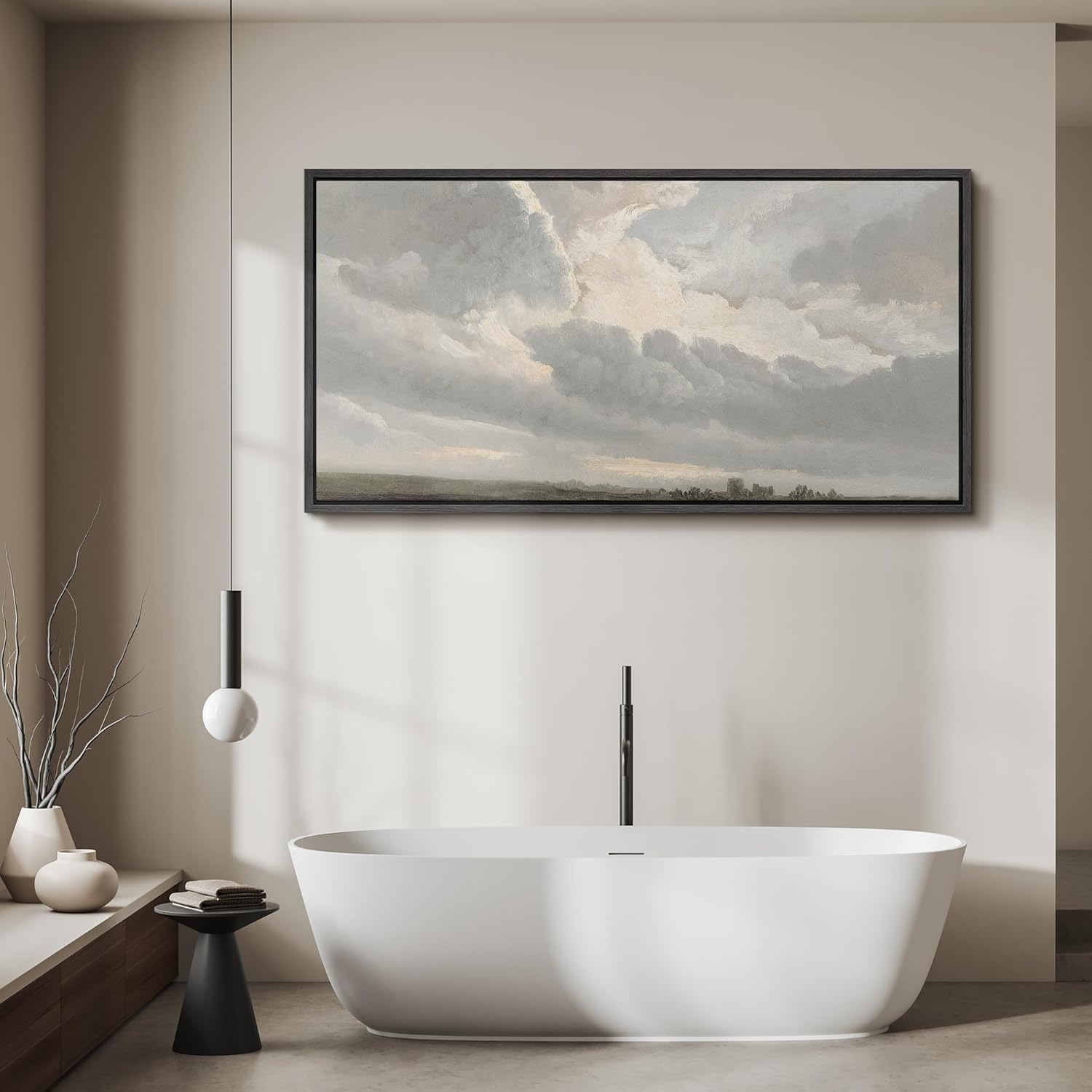 SIGNFORD Extra Large Framed Canvas Moody Gray Storm Clouds Over Horizon Atmospheric Cloudscape Illustrations Modern Art Calm Warm for Living Room, Bedroom, Office - 60"x30"