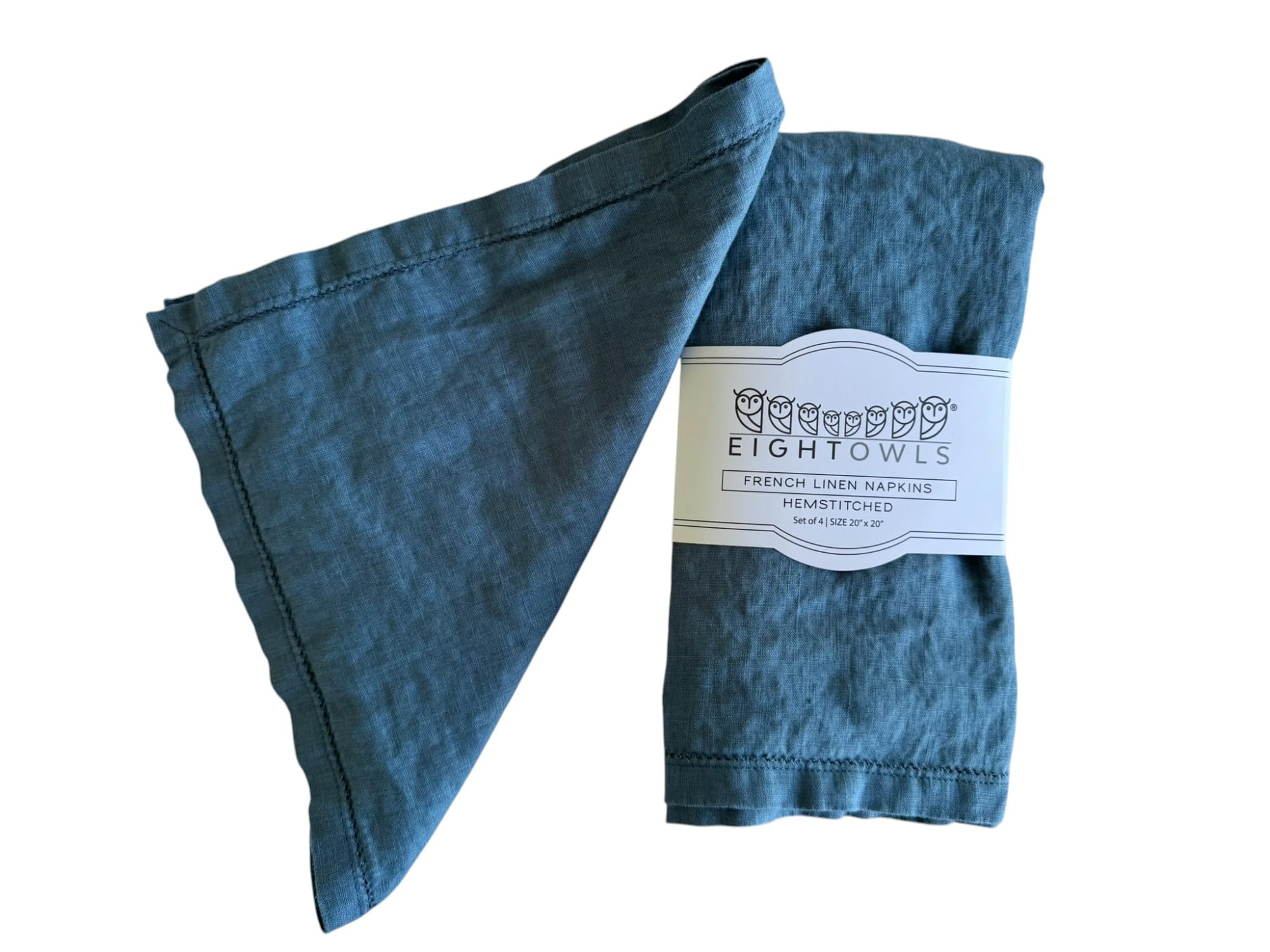 Hemstitched Linen Napkins – 50 cm x 50 cm - Stonewashed Pure Linen Cloth Napkins with Mitered Corners – Set of 4 (Soft Teal Blue)