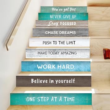 WALPLUS Peel and Stick Stair Riser Decals - 15 Strips 39" x 7.1" Motivational Quotes Stickers - Easy Installation Covers Wallpaper for Home Decor