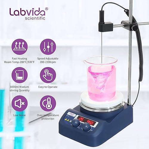 Miniatura 3 de Agitador magnético Placa caliente 536.0 F536 5.3 pulgadas 200-1500rpm 110V Placa caliente de laboratorio con sensor de sonda de temperatura,