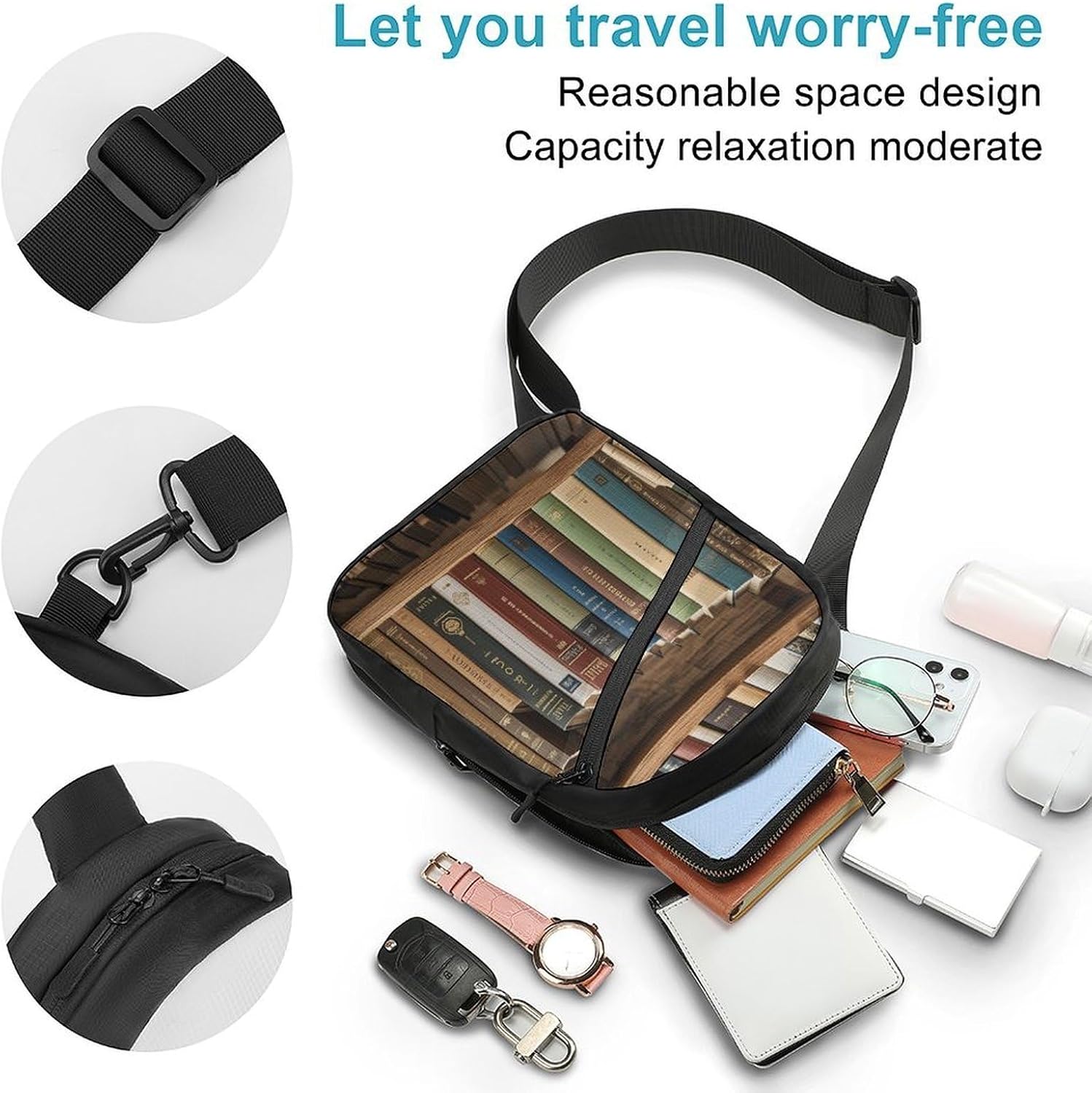 Books on The Bookshelf Chest Bag Waist Pack Crossbody Bags | Sling Bag for Women Men with Adjustable Strap Waist Bag for Enjoy Sports Festival Workout Traveling Running