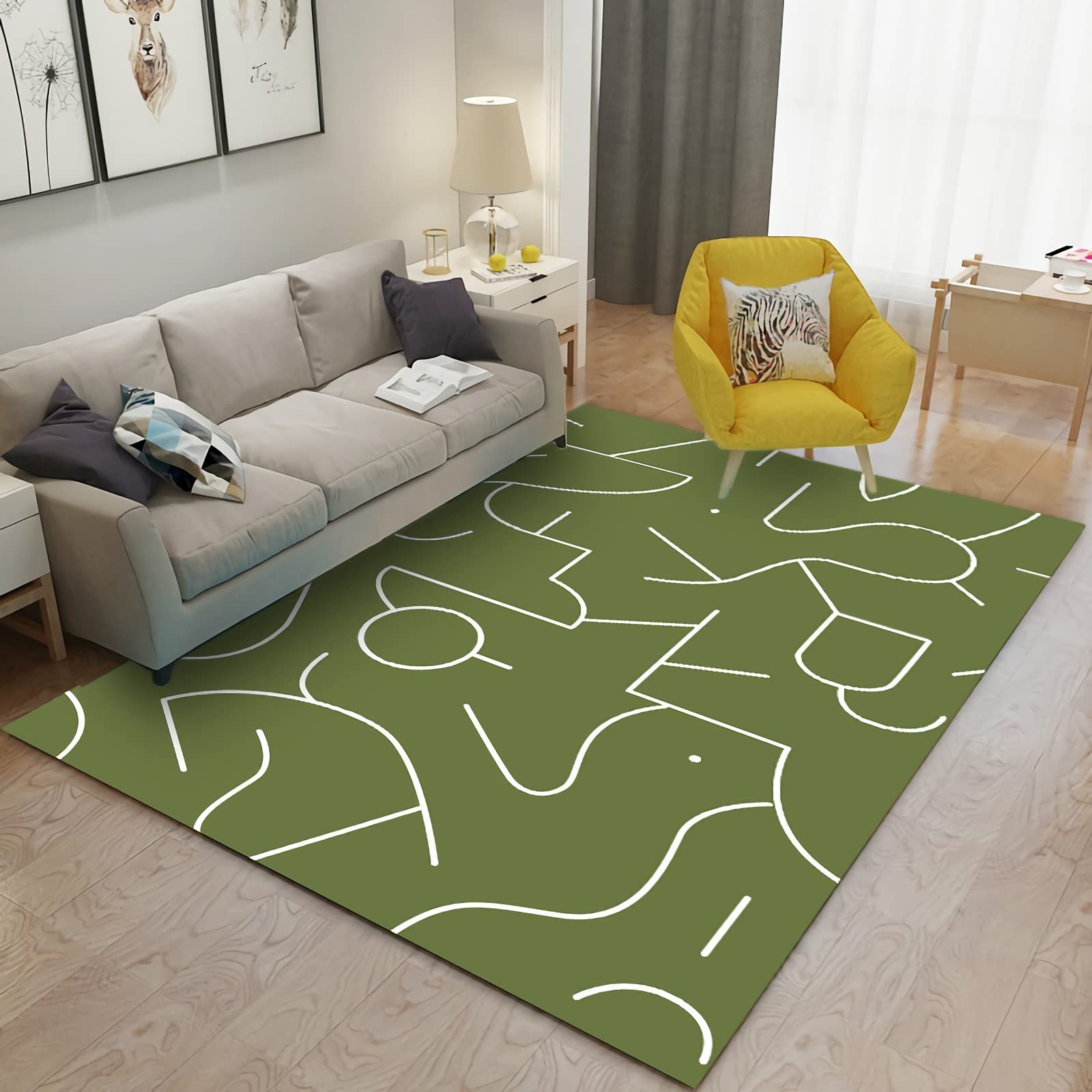 Tapis Tapis Chambre ado Fille Tapis Jeu Tapis de Salon Vert Motif géométrique Abstrait de Lignes de Doodle Tapis de Jeu 60x90cm