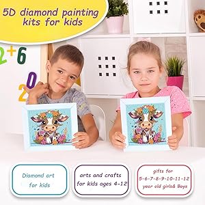 Acelii 5D Cow Diamond Painting Kit for Kids with Frame,DIY Diamond Art Kit for Children Beginner,Cute Full Drill Diamond Dot Big Gem Art Kits,Home Wall Decoration 6X6 inch