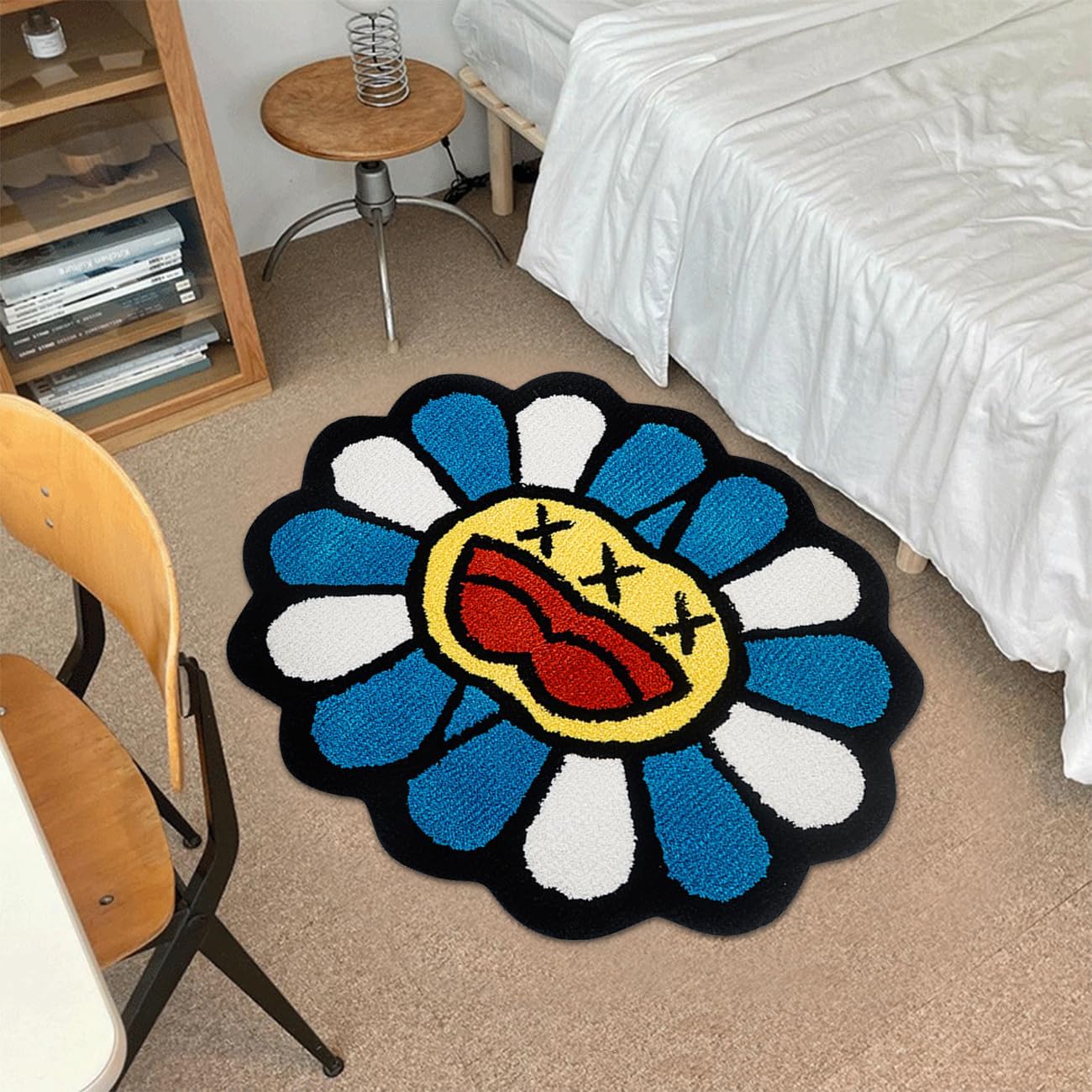 Trippy Happy Face Rug - Pink Blue Flower Shaped Bath Mat Funky Aesthetic Decor Area Rugs Extra Soft Non-Slip Quick Dry Carpet Cool Rugs for Bedroom, 2.6FT x 3.2FT (Blue)